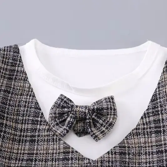 Jungen Glen Check Blazer Weste Anzug 3-teiliges Set Fliege T-Shirt Hose Kleinkind Gentleman Outfit Baumwollmischung Langarm 80-120 – Detail 3