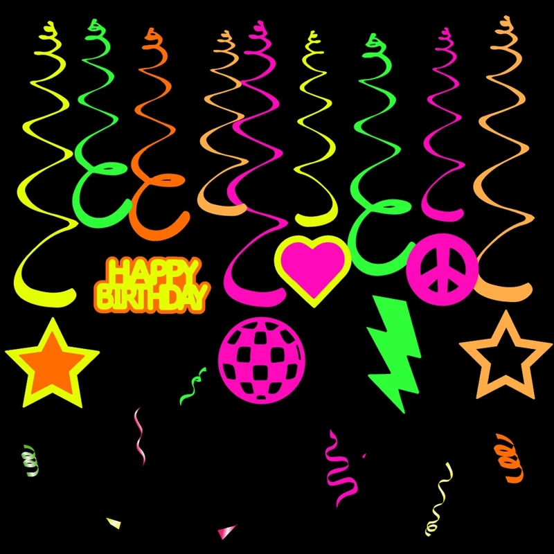 1Set Neon Glow Happy Birthday Papier Banner Hängende Spirale Geburtstag Party Dekoration Schwarz Licht Reaktive UV Glow in the Dark