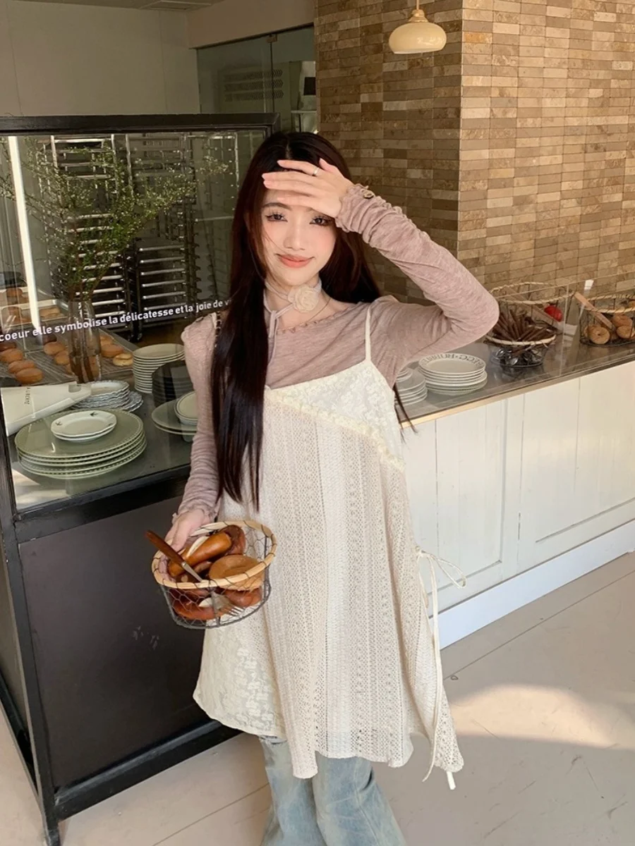 Vestido f estilo coreano com alças vazadas, camada de base, gola em v, cintura alta, linha a, vestido curto, temporada...