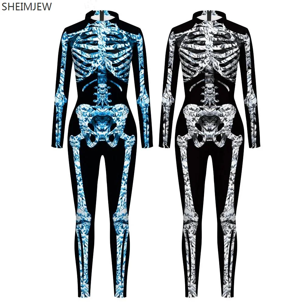 

3D Printing Crystal Body Skeleton Sexy Bodysuits Halloween Cosplay Jumpsuit Adults Monos Catsuit Carnival Long Sleeve Outfits