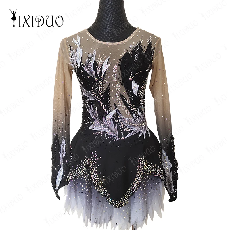 Adult Kids Figure Skating Costume Ice Figure Skating Dress Rhinestone Crystal Long Sleeve Mesh Spandex Stretchy Performance Wear