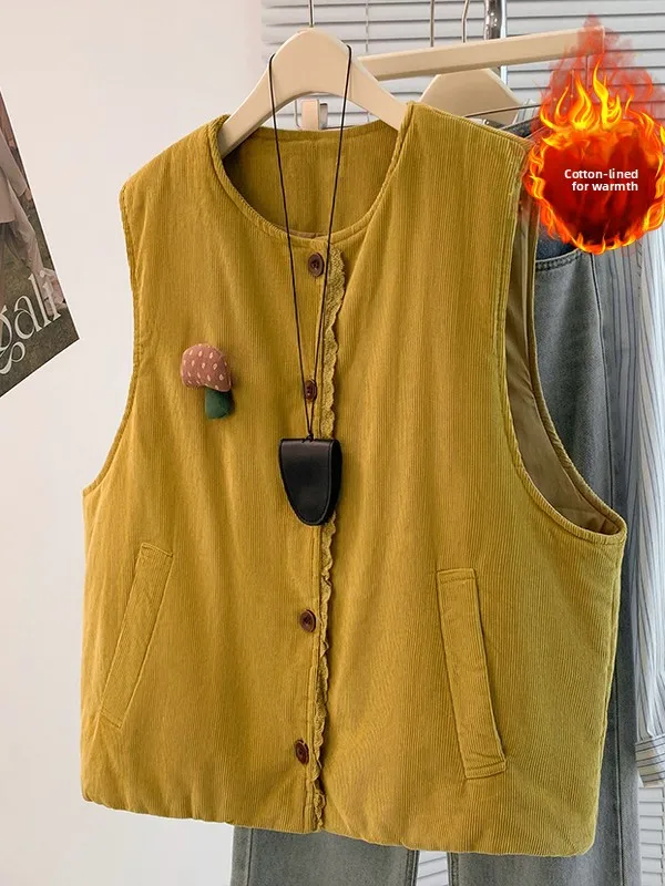 

Вельветовый тюнет-жилет, женская винтажная верхняя одежда большого размера, теплая свободная посадка, осенне-зимняя модная повседневная одежда