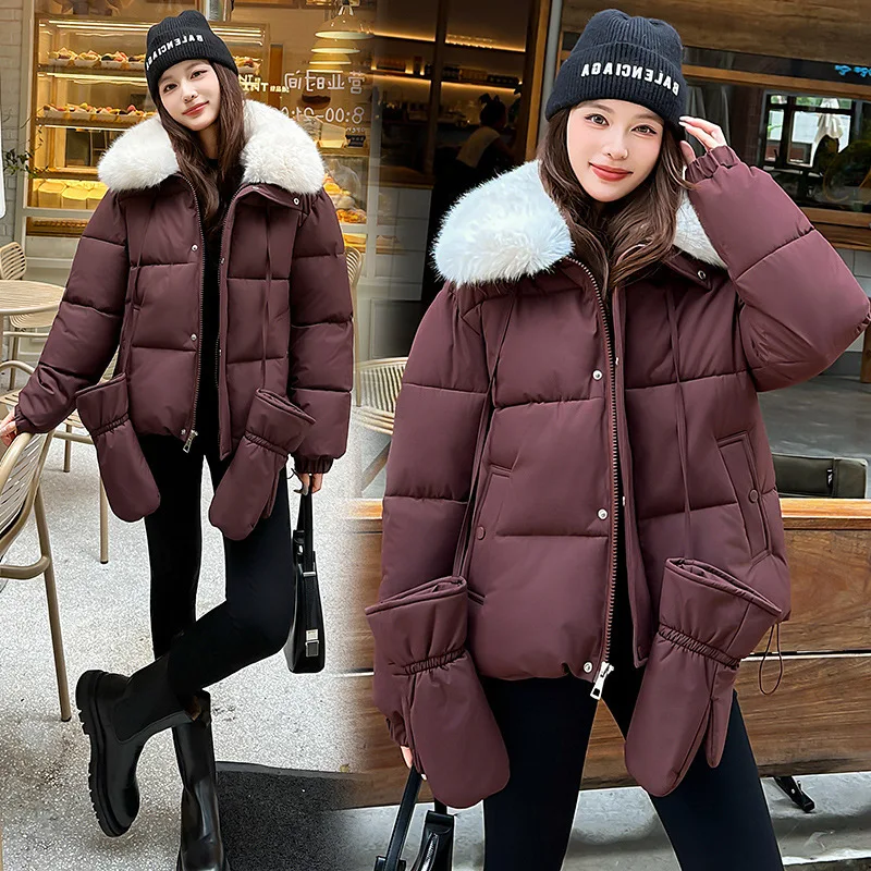 Women Short Parkas Coats Oversize Jacket Gloves Solid Drawstring Hem Big Fur Collar Zipper Looose Thick Office Lady Winter 2025