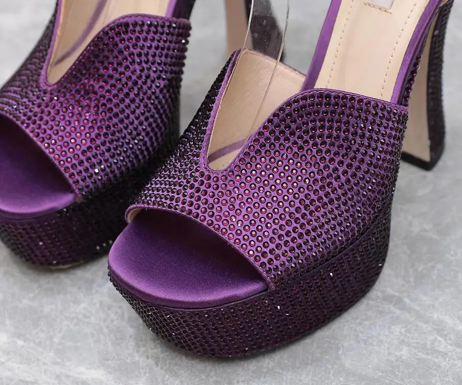 Purple Rhinestone Ladies Brand Name Sandal Shoes Bling Bling High Heel Platform Sexy Silk Sapatos Luxury Famous Shoe 2023 Summer