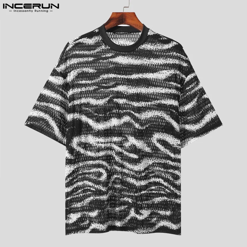 INCERUN Tops 2024 Korean Style Fashion Men\'s Zebra Pattern Perspective Jacquard T-shirt Casual Loose Short Sleeve Camiseta S-5XL
