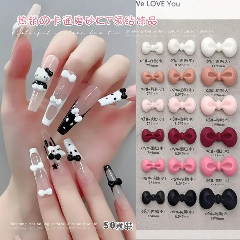 50pcs Cartoon Bow Nail Art Black White Burgundy Pink KT Bow Tie 3 Size Resin Nail Charms for Diy Manicure Accessories