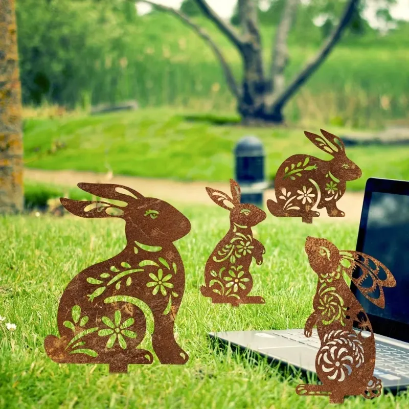 

Металлический садовый кол для кроликов в деревенском стиле: очаровательная ржавая отделка для наружного декора, идеально подходит для заднего двора, патио или фермы!