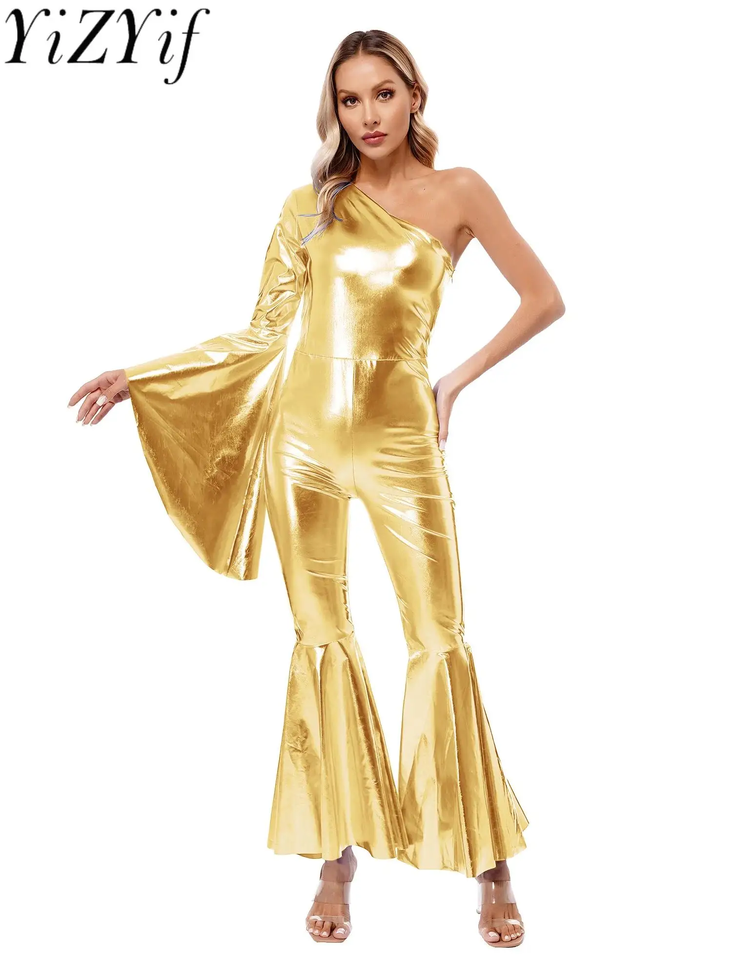 

Womens Metallic Shiny Bell-Bottom Dance Jumpsuit One Shoulder Flare Sleeve Bodysuit Retro Rock Disco Hippies Cosplay Costumes