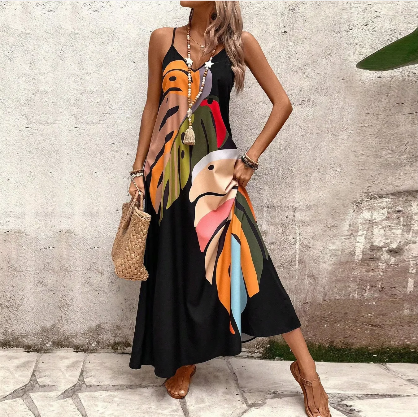 Women's summer ultra long halter dress, stylish color leaf print, V-neck sleeveless, side pocket, adjustable shoulder length