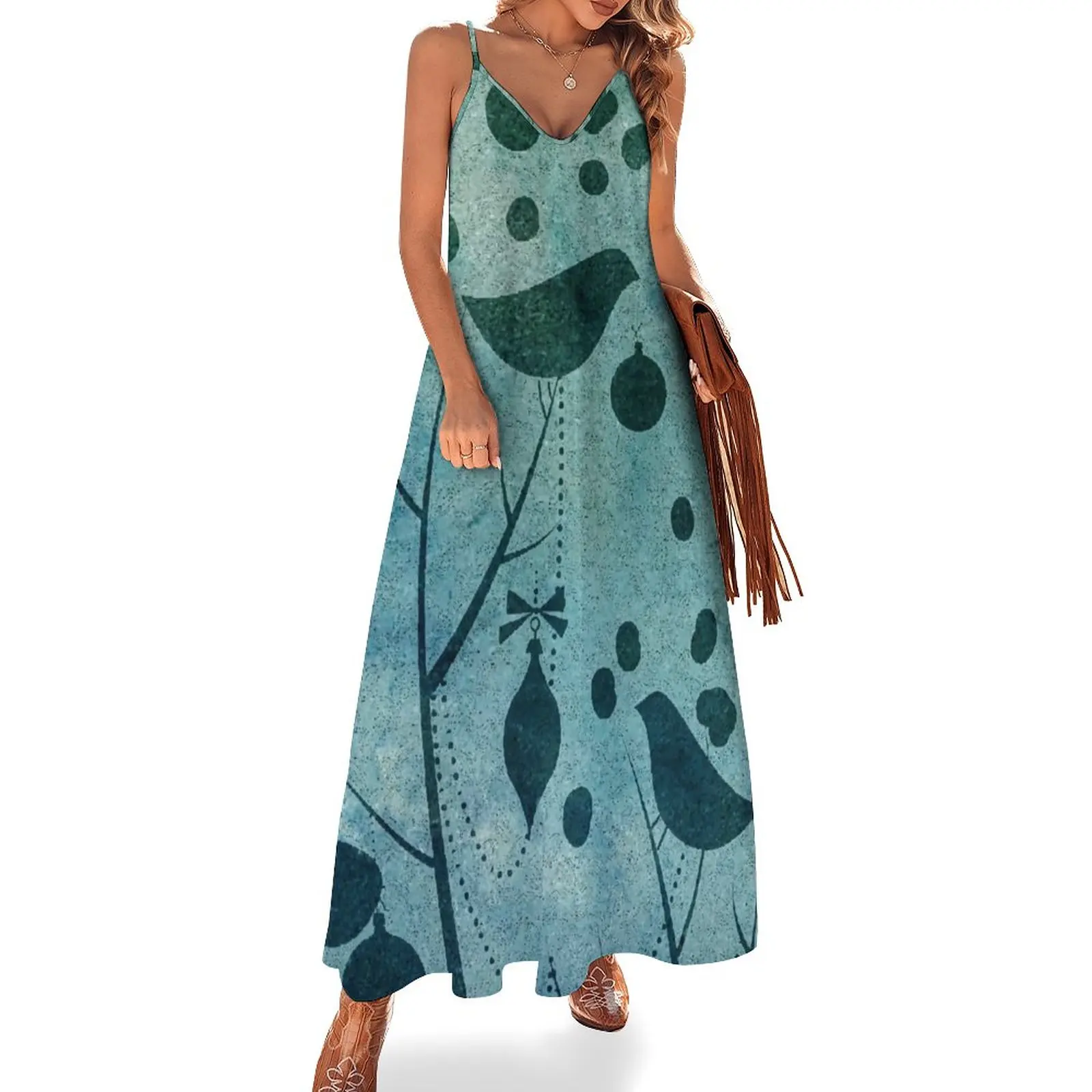 

Christmas birds in teal Sleeveless Dress long dress women summer evening dress woman luxury woman party