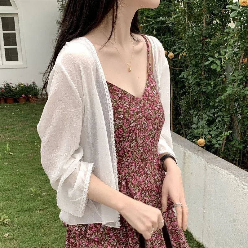 

Solid Color Chiffon Blouse Women Long Sleeve Loose Summer Tops Office Lady Korean Style Fashion Casual Versatile Cardigan Female