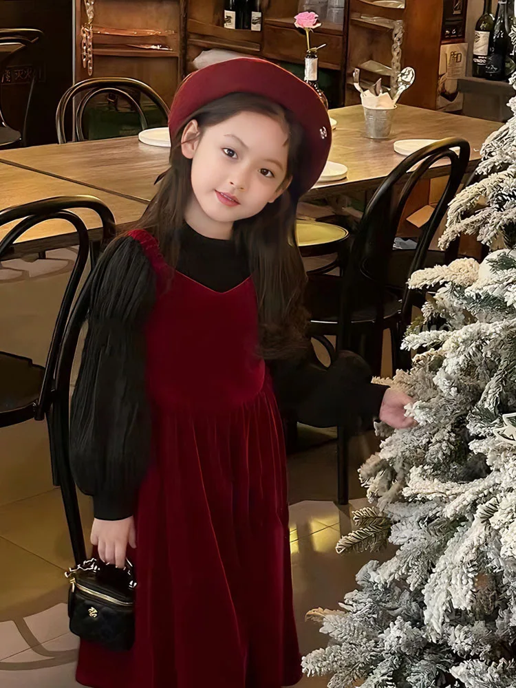 High End Children's Clothes Girls Wine Red Velvet Dress Back Bow Dress+bubble sleeved pearl black base sweater Elegant Dress Set