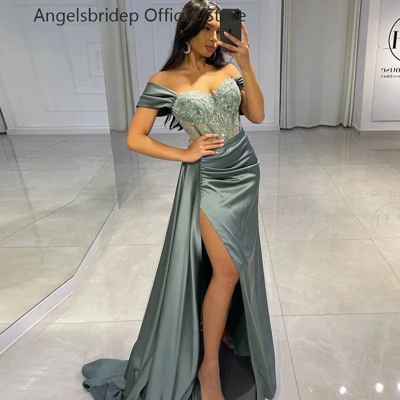 

Angelsbridep Sexy Prom Evening Dresses Off the Shoulder Party Dress 2022 Appliques High Split Cocktail Gown Saudi Arabia Dubai