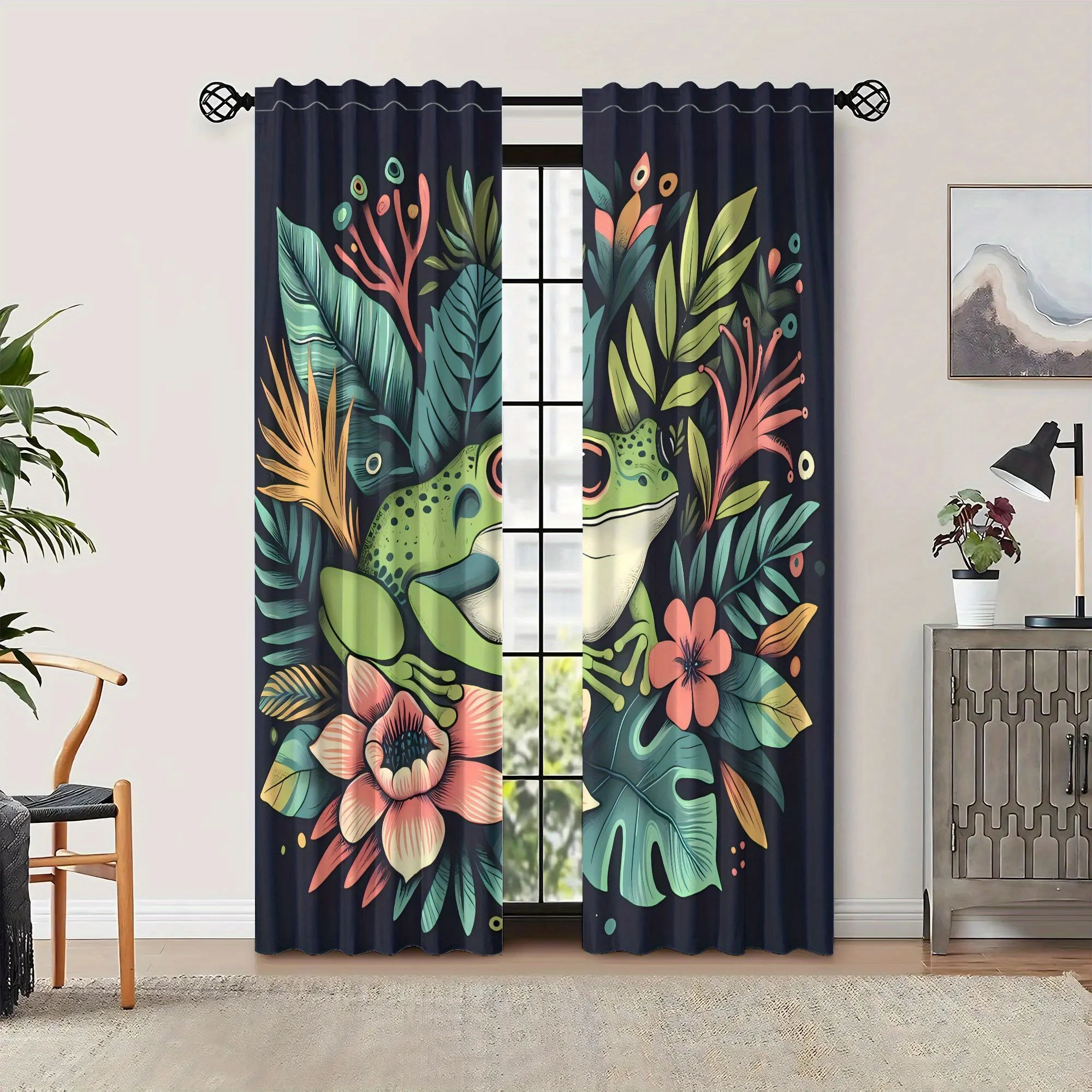 2pcs Tropical Frog & Floral Blackout Curtains - Vibrant Green Frog Design with Colorful Leaves & Flowers, Dark Blue Backgroun