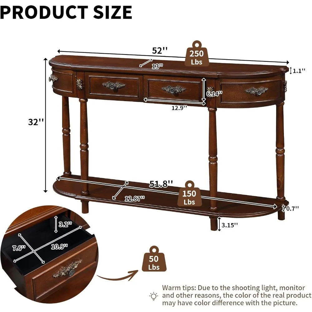 HMFULE 레트로 곡선형 콘솔 테이블, 52인치 반달형 콘솔 테이블 소파 테이블 현관 테이블 2개의 서랍과 1개의 오픈 선반 포함 솔리드 파인 L