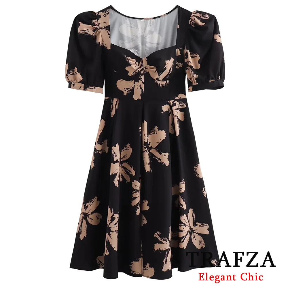 

TRAFZA Vintage Elegant Bubble Sleeve Dress Women Printed Pleated Square Neckline Dress New 2024 Summer Vacation Picnic XL Dress