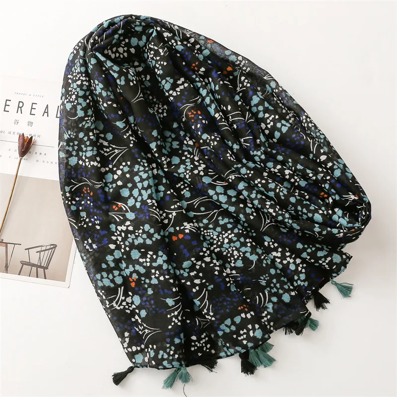 KYQIAO luxury brand scarves woman spring autumn vintage long navy blue floral printed hijab scarf women 2024 neck scarves