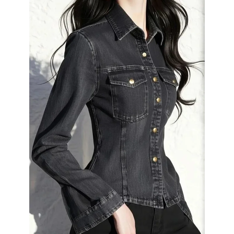 Autumn and Winter This Year's Popular Hong Kong Style Dressing Style Retro Black Denim Slim Fit Shirt All Match Top for Women