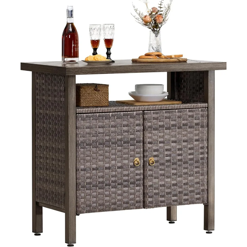 

Outdoor Storage Cabinet, Woven Rattan Bar Table with 2 Doors, Slatted-Top, Wicker Console Table for Patio, Garden, Backyard, Kit