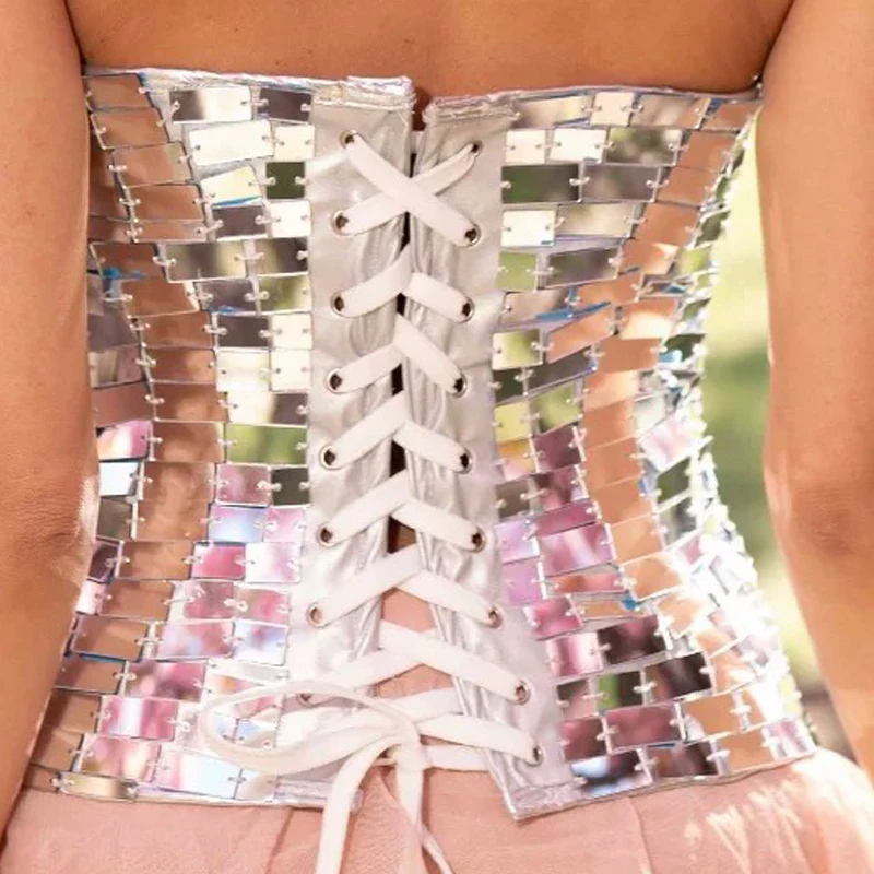 Top de Jazz con espejos completos, lente plateada cosida a mano, corsé de espina de pescado, ropa de baile en barra para mujer, Bar, DJ, ropa puesta en escena XS9866