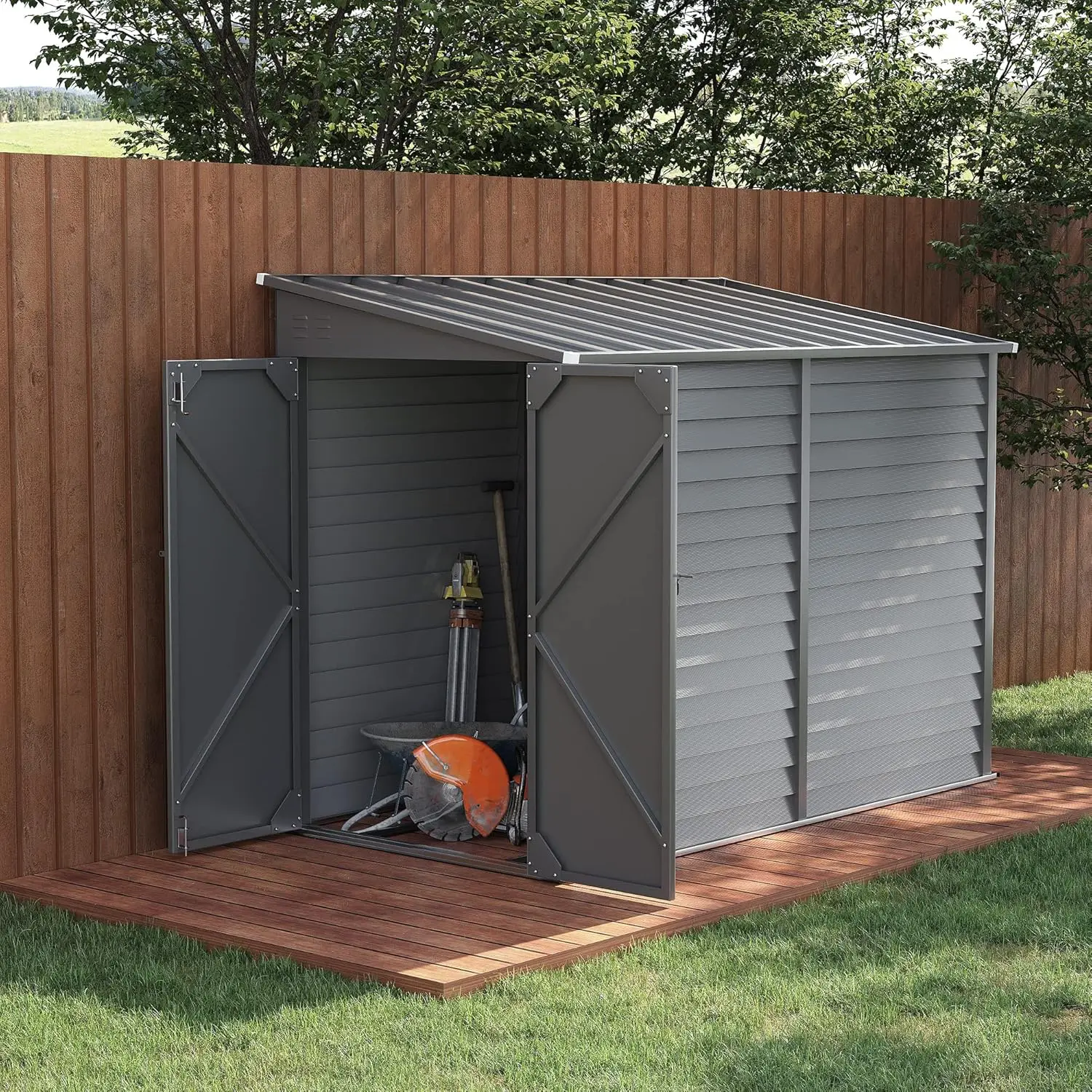 Outsunny 4.6' X 9' Steel Outdoor Storage Shed, Lean To Shed, Metal Tool House With Foundation Kit, Lockable Doors, Gloves And 2