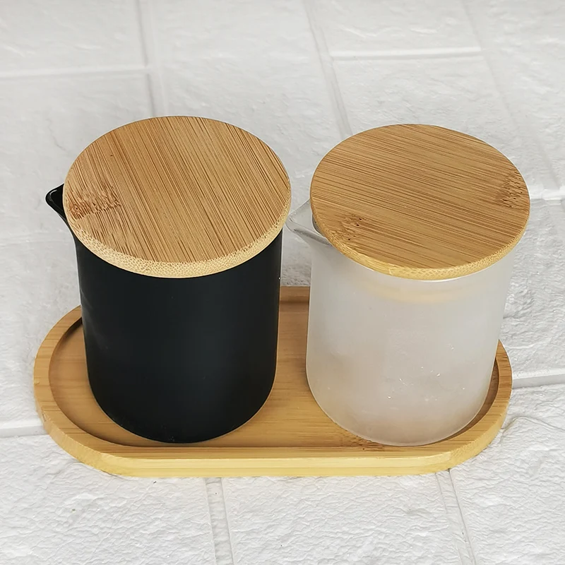 Home Usage Glass Sand Blasting Storage Tank White and Black Candle Making Jars with Bamboo Tray Massage Oil Container with Spout