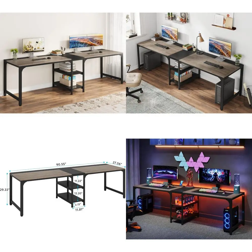 

Удлиненный двойной стол 90,55 с местом для хранения вещей для двух человек, просторная рабочая станция с полками