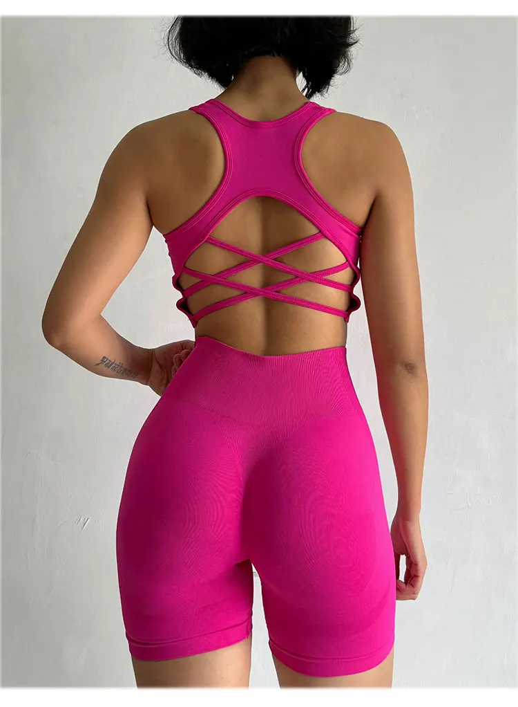 Pfirsichfarbenes Damen-Set mit High-Waist-Shorts und BH, Po-Lifting-Fitness-Set, geraffter Rücken, Yoga-Anzug, eng anliegend für Lauf- und Trainingsübungen – Detail 3