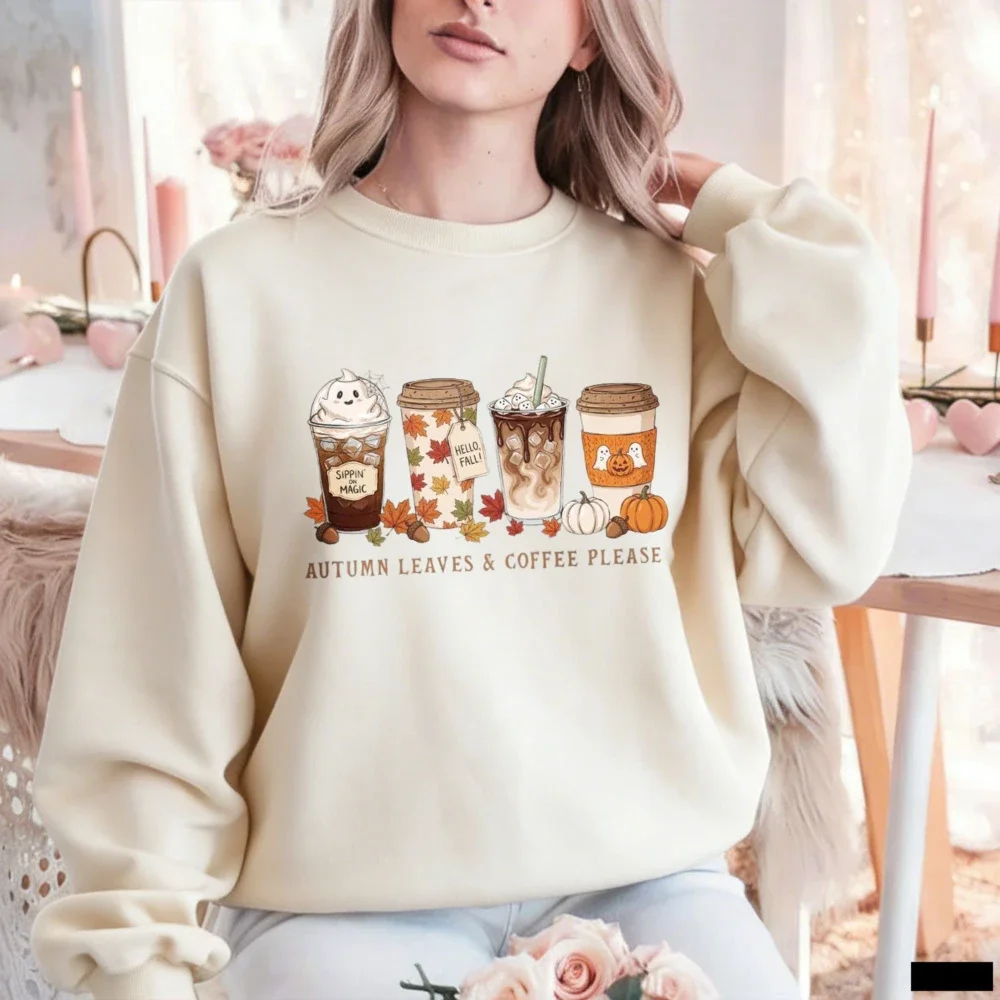 Retro Cozy Autumn Leaves and Coffee Please Sweatshirt Cute Fall Pumpkin Spice Latte Graphic Pullover Women Unisex Winter Top