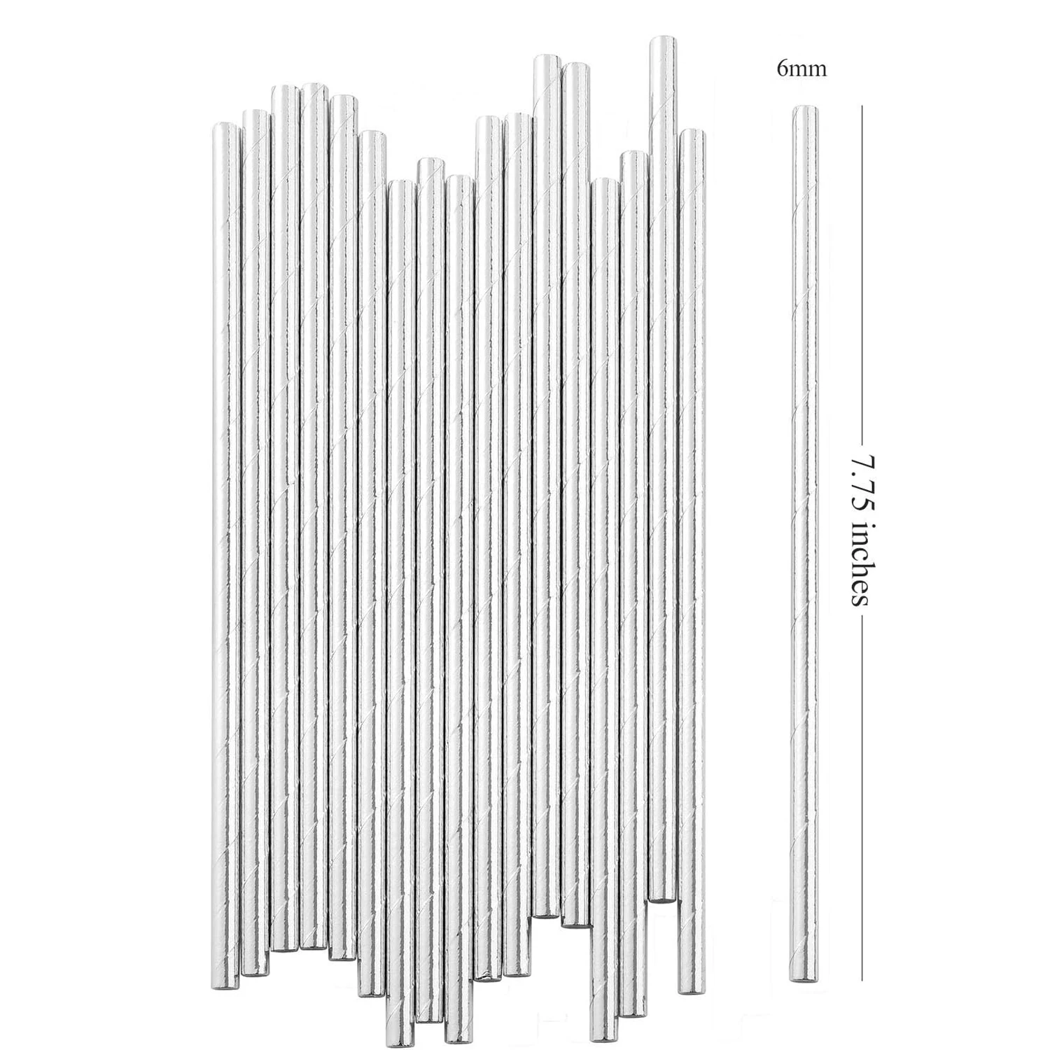 Metallic Silver Paper Straws, Biodegradable Disposable Party Drinking Straw for Birthday, Wedding, Party Supplies, Pack of 100