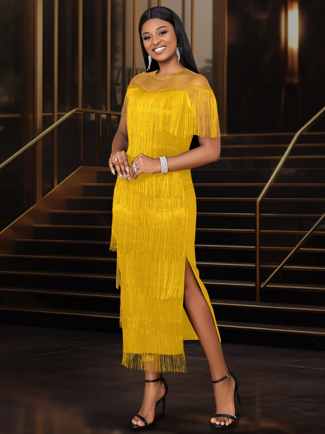 Mesh-Patchwork-Quastenkleid mit hoher Taille, Übergröße, schmal geschnitten, lässig, figurbetont, für Geburtstagsfeiern und Abendveranstaltungen – Detail 12
