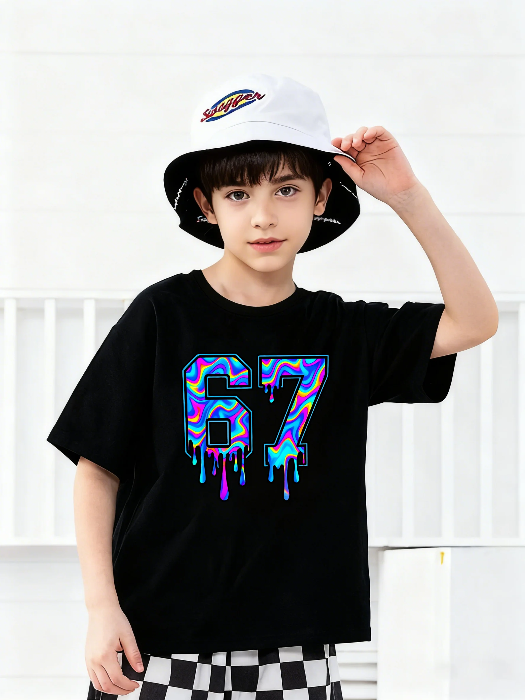 

Cool Digital Style Boy Black Short-Sleeved T-Shirt Colorful Fluid 67 Printed Children Loose Top Street Style Children's Clothing