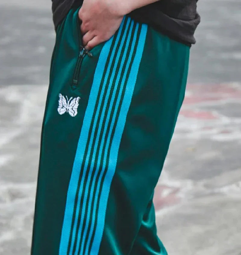 Harajuku Men Clothing Green Sweatpants Pants Zipper Pocket Blue Side Webbing Striped Trousers