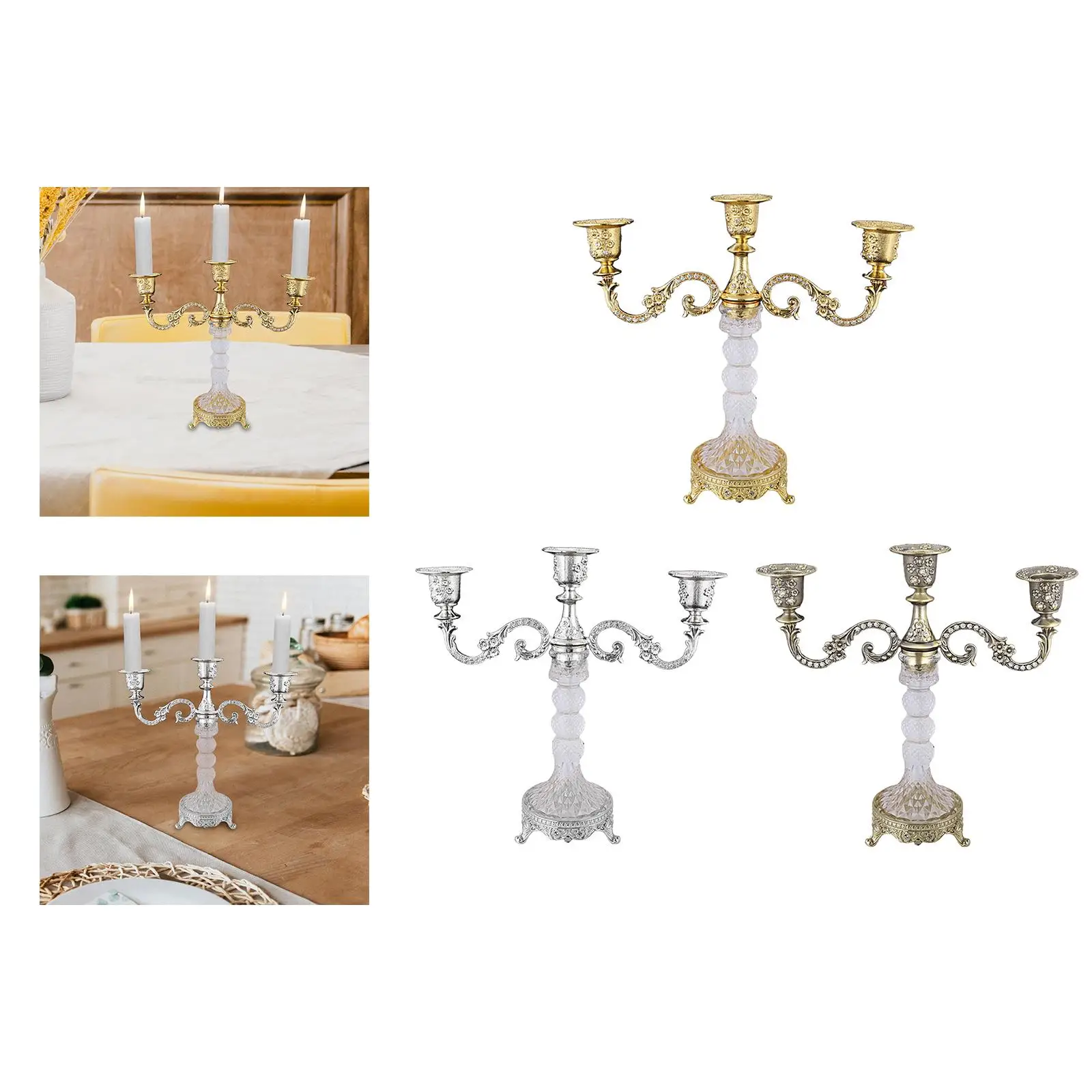 Large Candelabra Candle Holder 3 Arms Metal Glass Decorative Stand for Wedding Dining Table Living Room Centerpiece Home