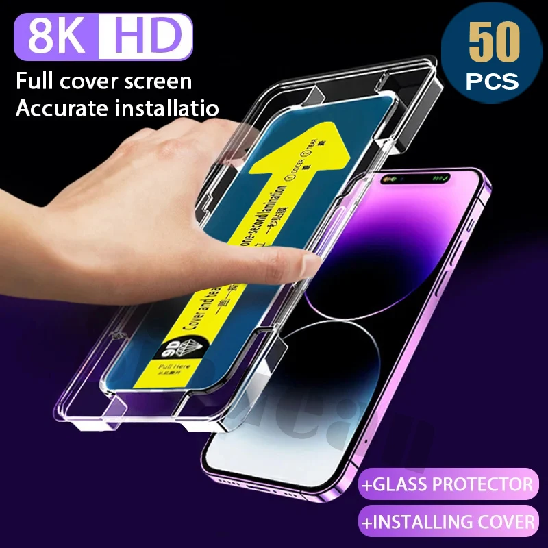 50pcs Quick Stick Screen Protector For iPhone 15 14 13 12 11 Pro Max XS XR Plus HD Privacy Tempered Glass With Alignment Mount