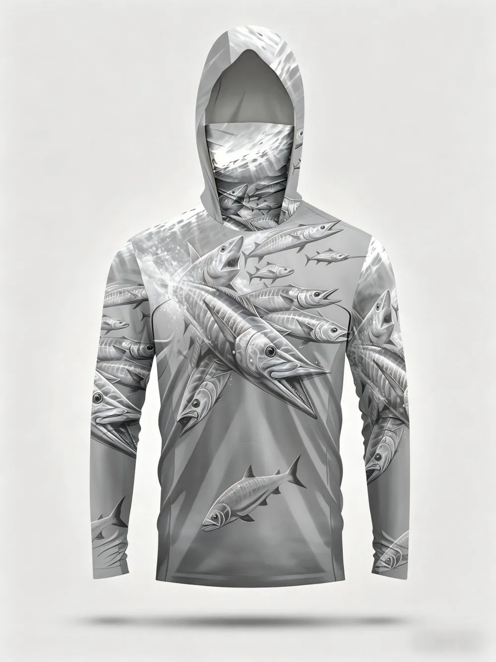 Men's summer fashion fish school print comfortable breathable hooded fishing suit long sleeved T-shirt outdoor casual top view 5