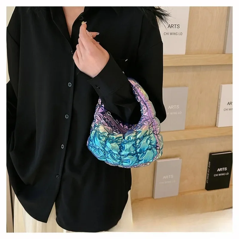 2024 New Korea Cloud Bags for Women Mini Puffer Tote Bag Quilted Circle Phone Purse Elegant Key Pouch Underarm Pleated Handbag