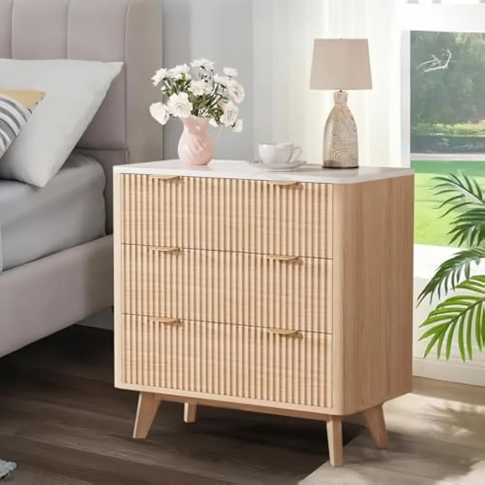 

32" Tall Fluted Nightstand Set of 2, Modern Side Table with Faux Marble Top, 3 Drawers End Tables w/Storage, Bedside Table