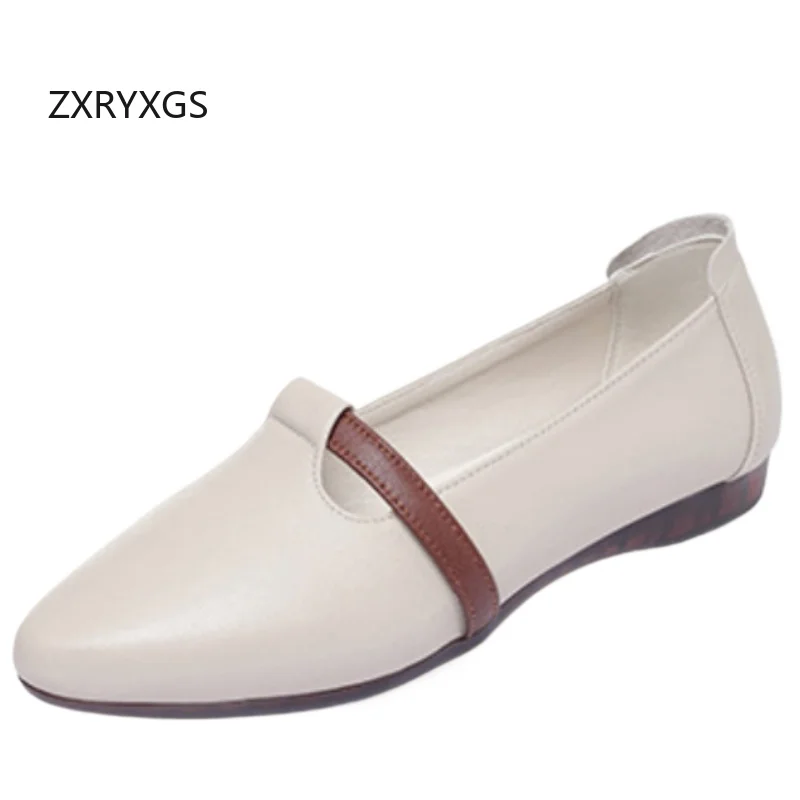 ZXRYXGS Temperament Elegant Genuine Leather Flat Shoes Plus Size 2026 New Spring Spell Color Pointed Shallow Mouth Leisure Shoes