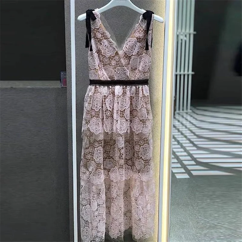 2022 Summer Pink Women Lace Gauze Dress Mesh Tulle V Neck Bow Tie Rose Embroidery Midi Long Sequin Dress Evening Robe Quality