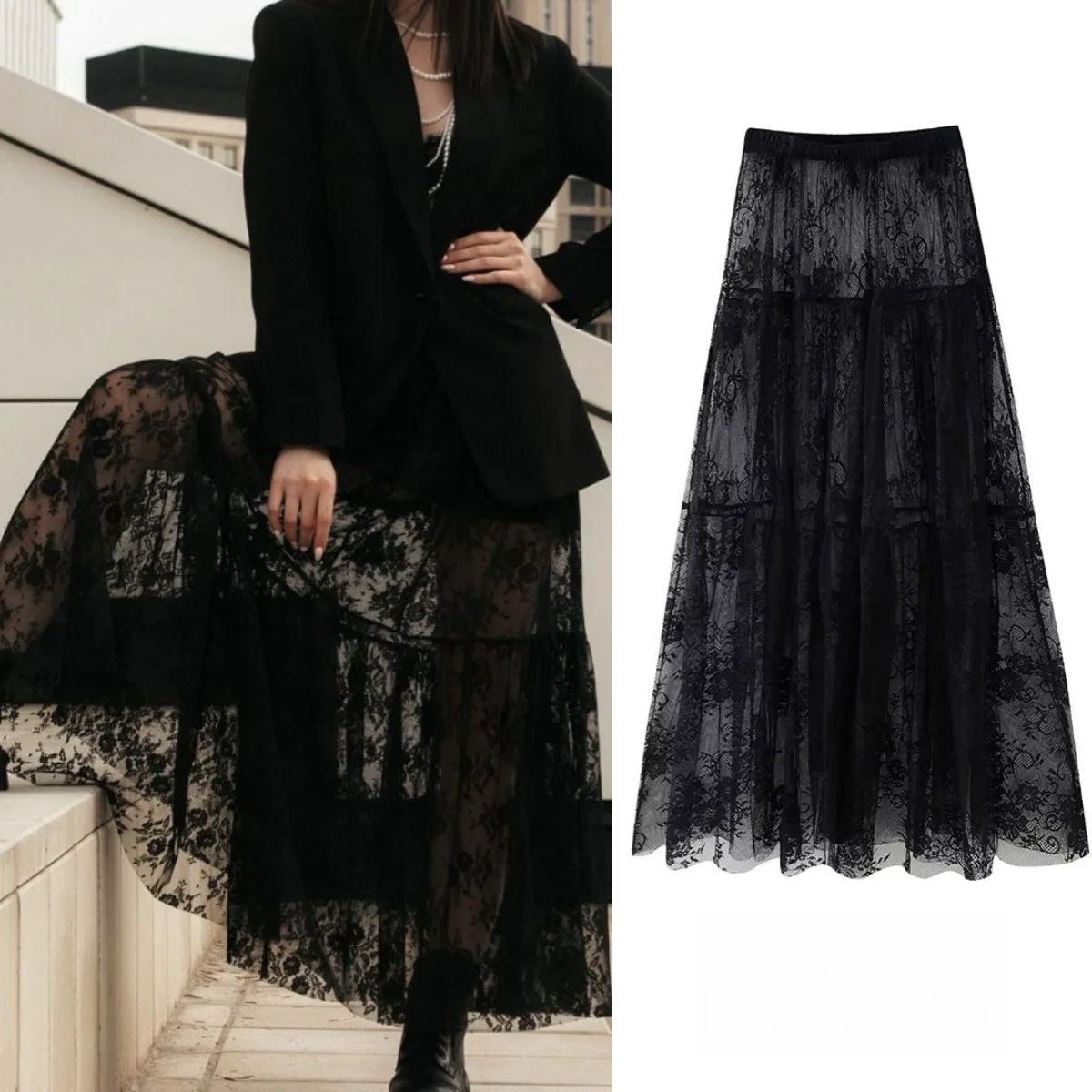  Black Lace Mesh Skirt Women's High Waist Midi Skirt Tulle Long Skirt Women's Translucent Party Women's Sexy Skirt 2024