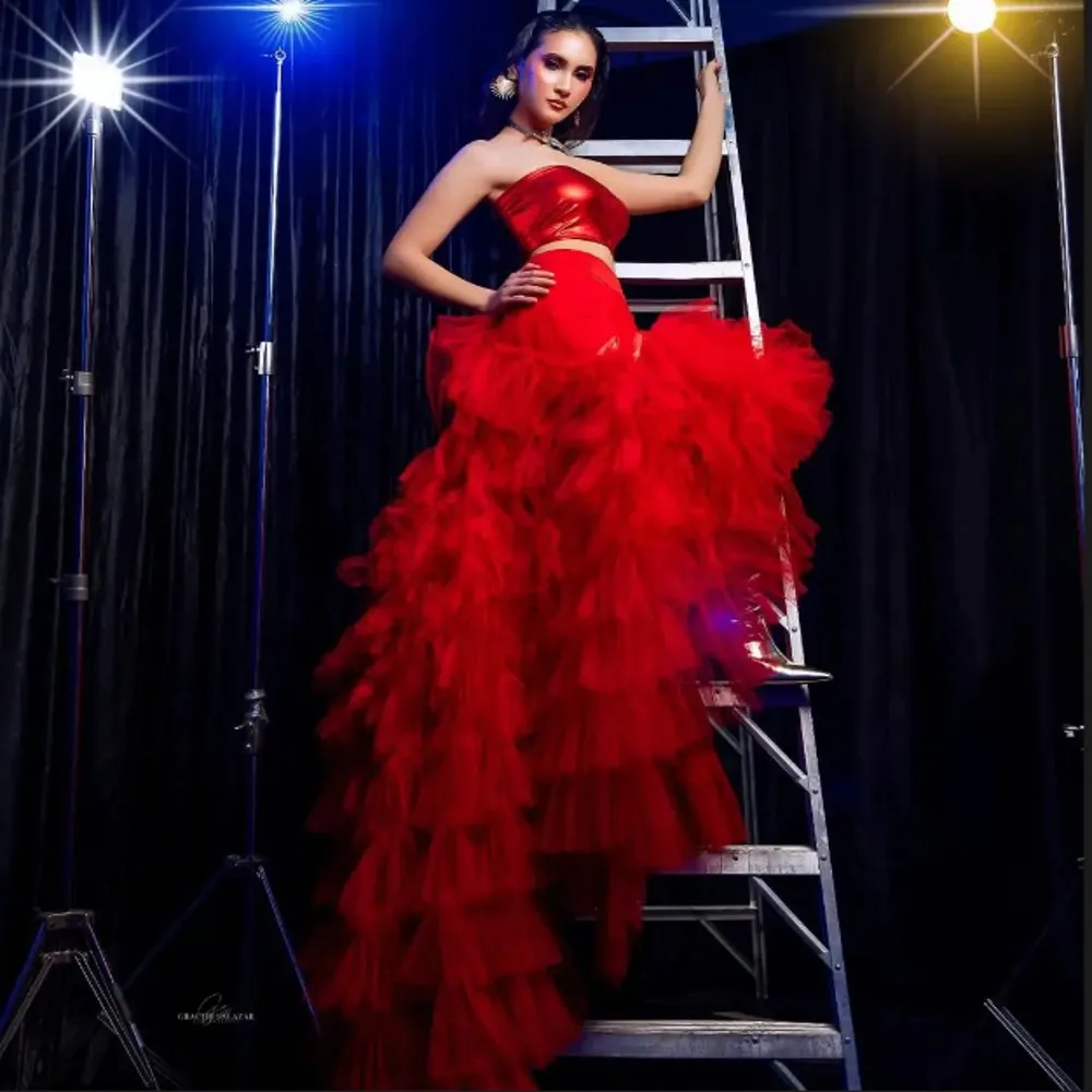 Saias longas de tule vermelho para mulheres, cintura alta, babados em camadas, saia inchada para meninas, férias, aniversário, foto, festa longa