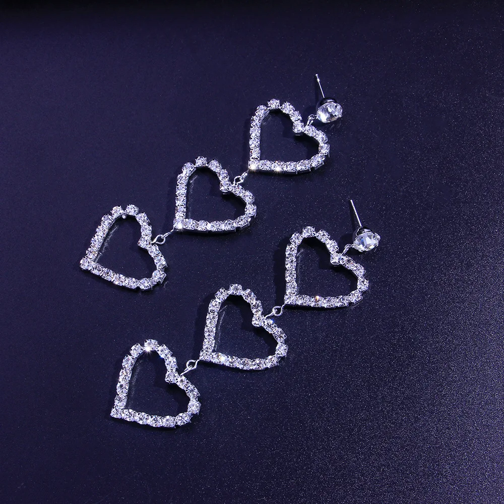 Vintage Shiny Hollow Heart Dangle Earrings for Women Full Rhinestone Silver Color Drop Earrings Y2K Harajuku Earrings Jewelry