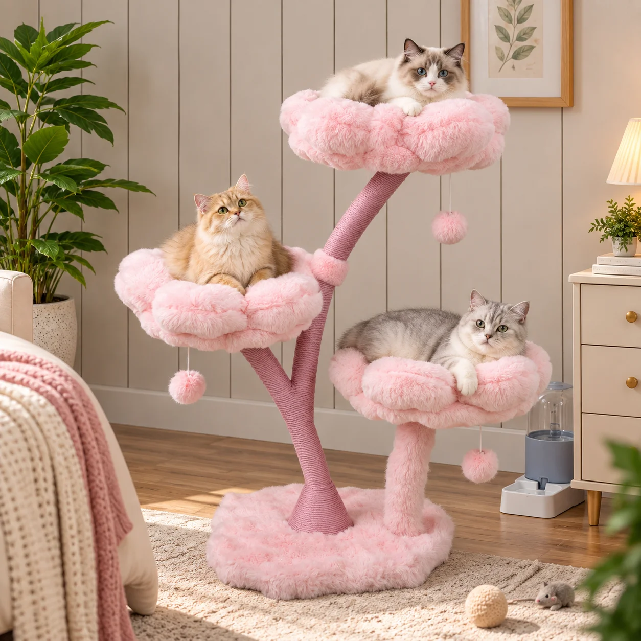 Torre per gatti a più livelli Bingopaw e moderno albero per gatti da interno, alto 105 cm, simpatico centro attività per gatti con piattaforme imbottite a forma di fiore, tiragraffi in sisal e palline