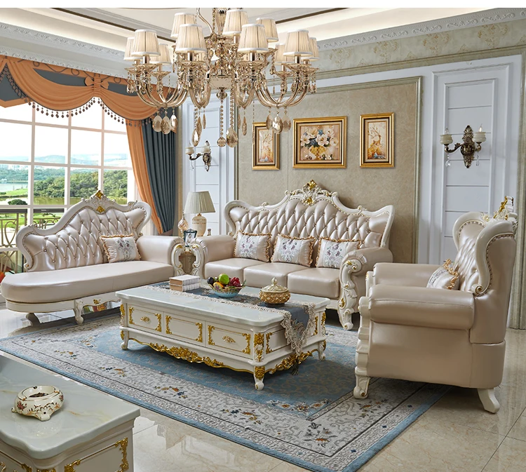 

European-style leather sofa, living room, high-end all-solid wood, double-sided carved small apartment, white gold