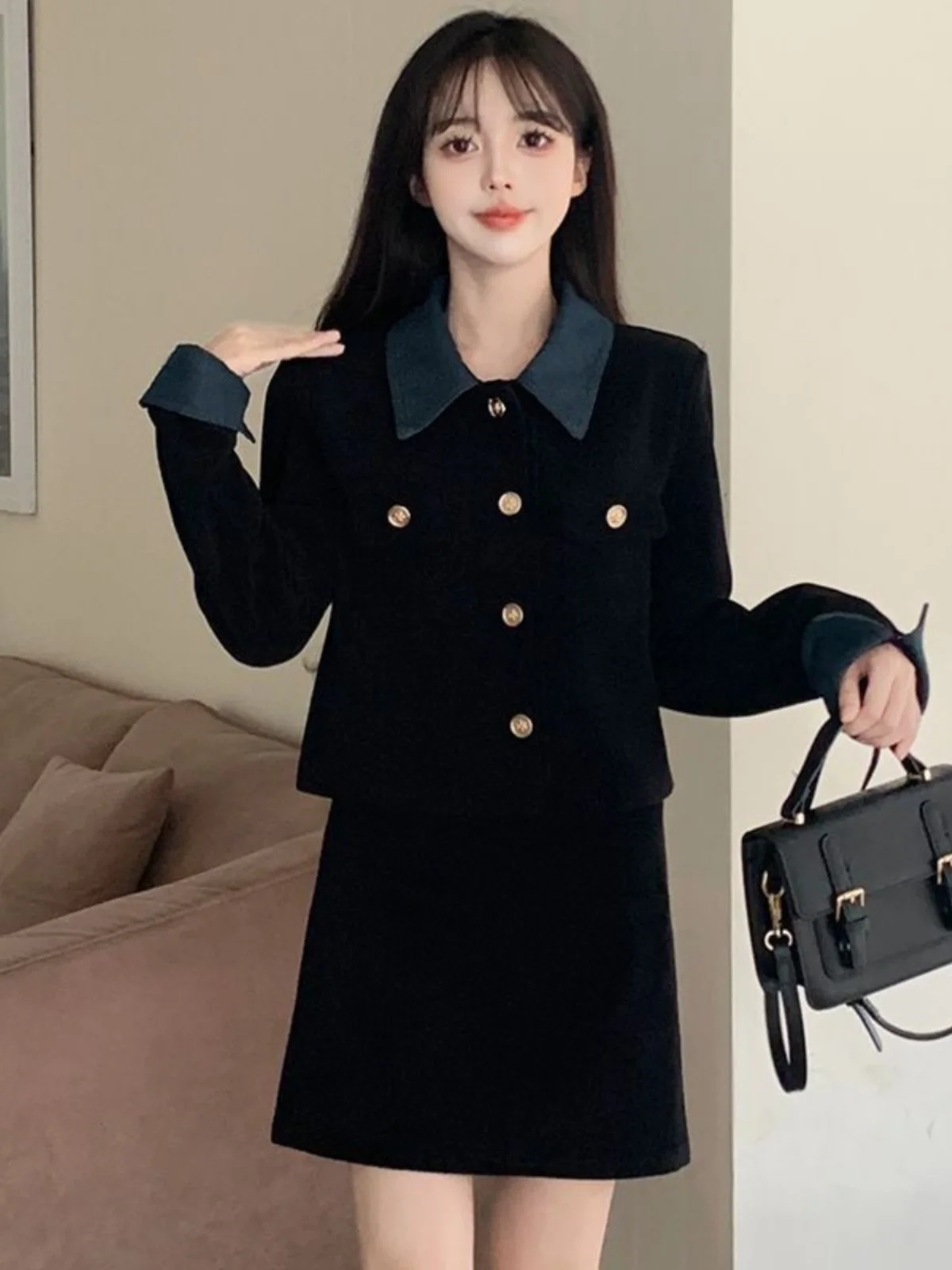 

Slimming Suit Set Women's High Waist Skirt Short Outerwear Complete Fashion Set Autumn Commute Style Long Sleeve