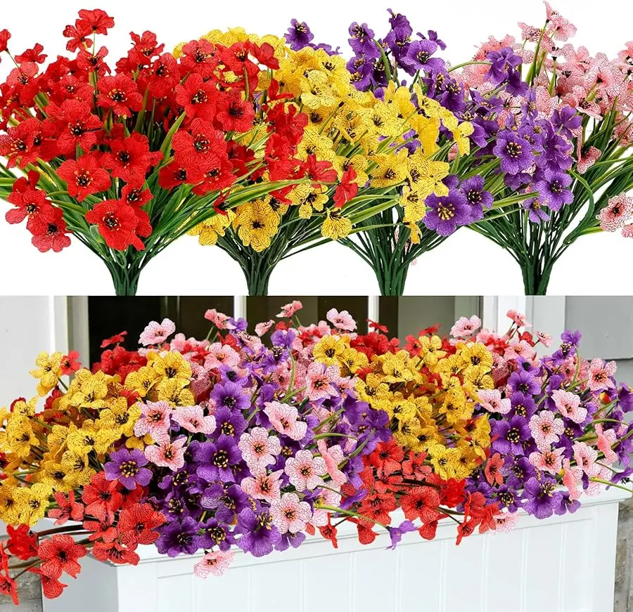 

Artificial Fake Plants Flowers for Outdoors, 32 Bundles UV Resistant Faux Plastic Colorful Mix Mum Flowers for Outside Spring Su