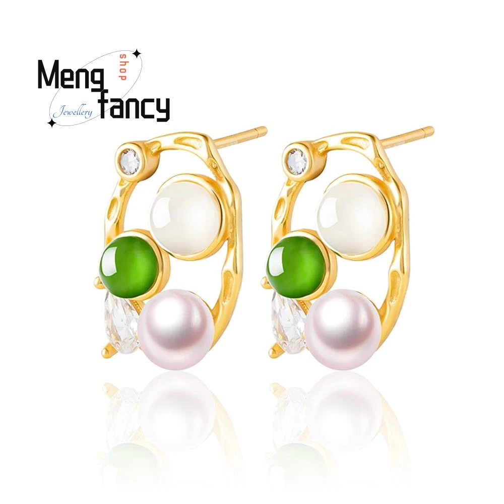 

Natural Hetian Jade Jasper Earrings Freshwater Pearl Female Models S925 Silver Inlaid Jade Temperament Simple Fashion Jewelry