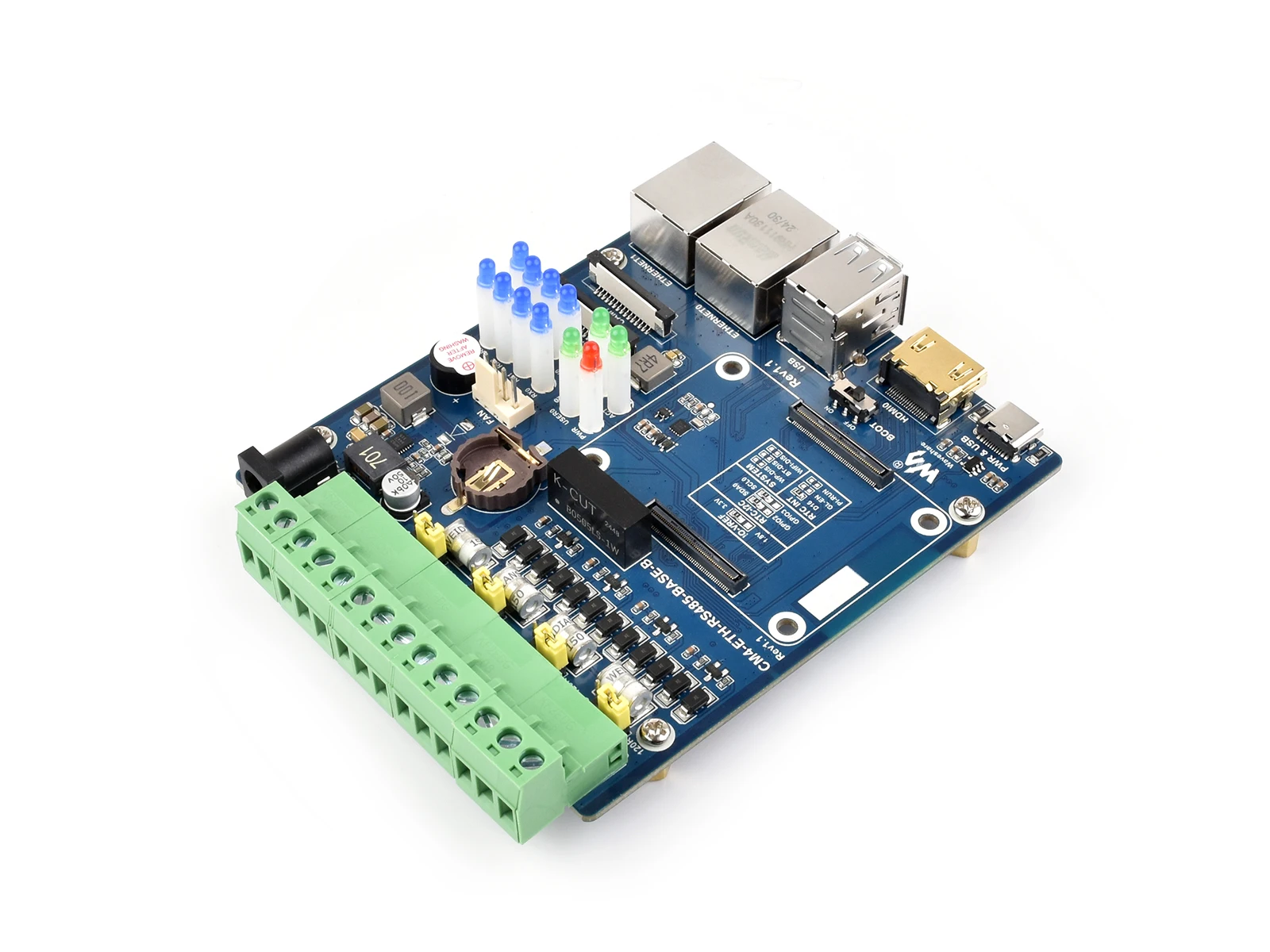 CM4-ETH-RS485-BASE-B,Dual ETH Quad RS485 Base Board (B) for Raspberry Pi Compute Module 4, Gigabit Ethernet, 4CH Isolated RS485