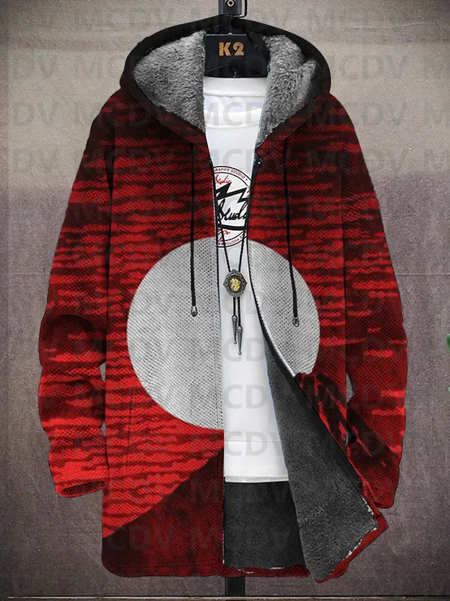 Men's Japanese Style Print Hooded Two-Pocket Fleece Cardigan Jacket